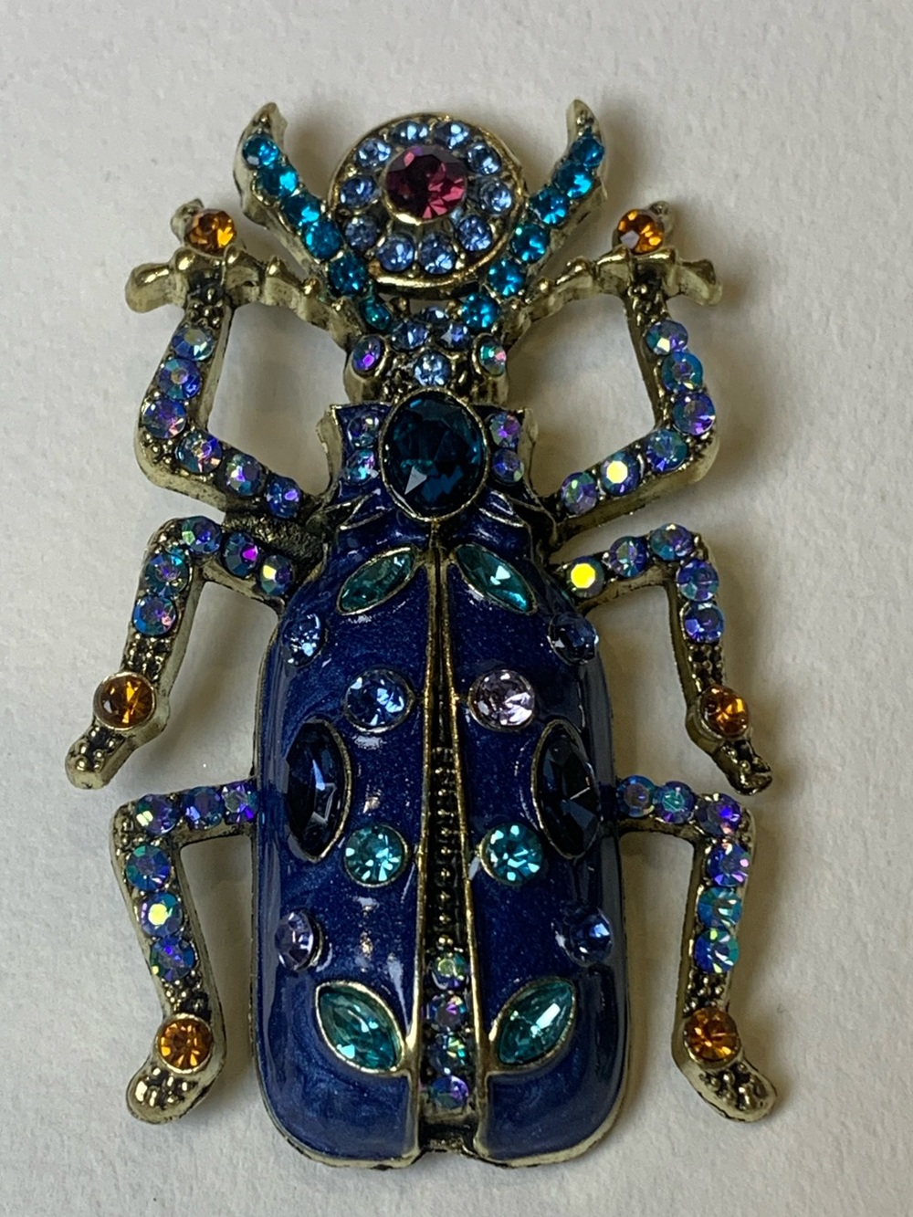 Rhinestone Beetle Brooch Blue Enamel Statement Pin